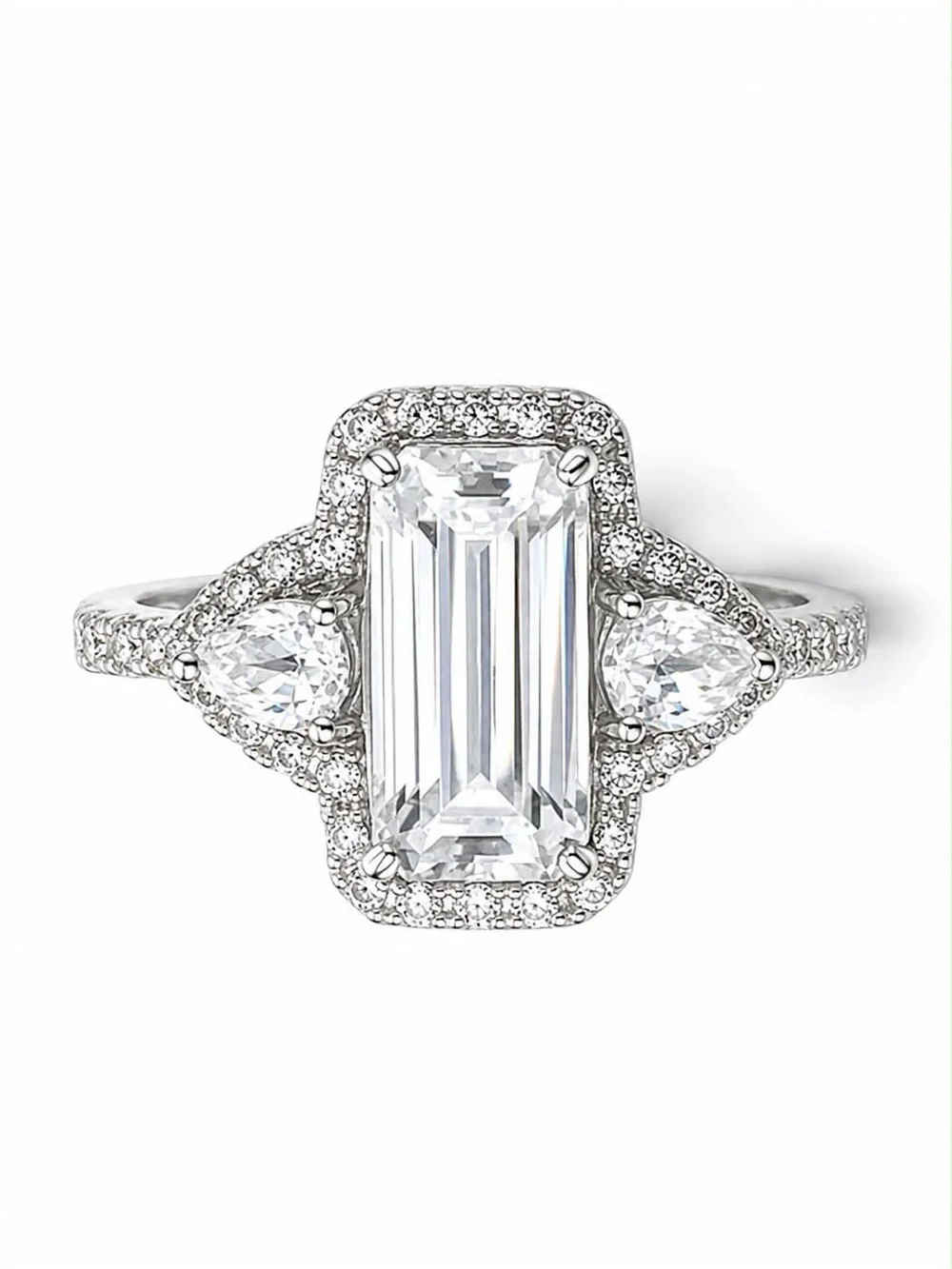 Emerald-Cut Halo Engagement Ring in Silver with Pear Side Stones